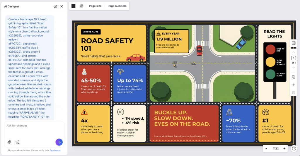Venngage editor showing detailed prompt to create. bento grid infographic on road safety